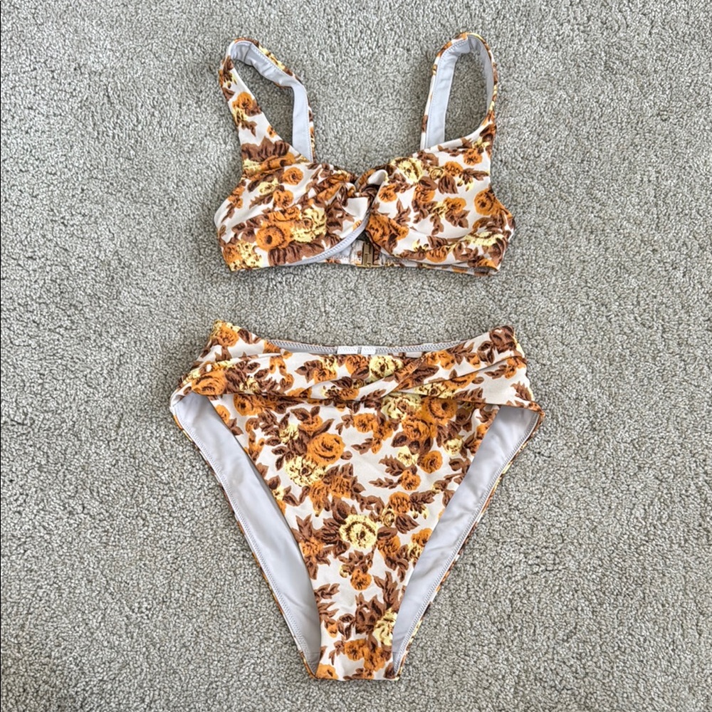 JONATHAN SIMKHAI Brown Orange Floral High Waist Bikini Swimsuit Two Piece XS